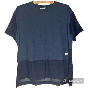 YOSHI KONDO Dark Blue Mesh Detail Cotton Short Sleeve Top Size Small